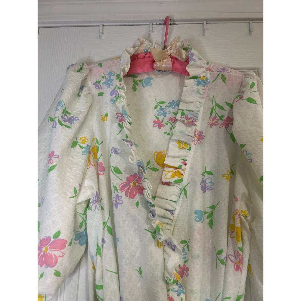 Vintage 70s Miss Elaine Floral Wrap Robe Maxi Dress Ruffle Cottagecore Large - Picture 2 of 11